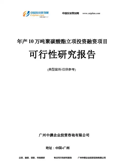 年产10万吨聚碳酸酯融资投资立项项目可行性研究报告(非常详细)