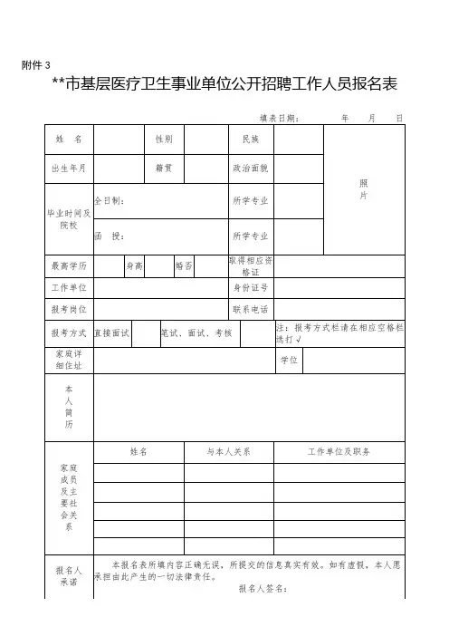 XX市基层医疗卫生事业单位公开招聘工作人员报名表【模板】