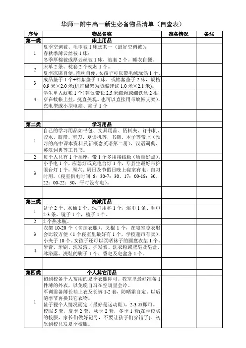 华师一附中高一新生必备物品清单(自查表)和作息时间表(参考)