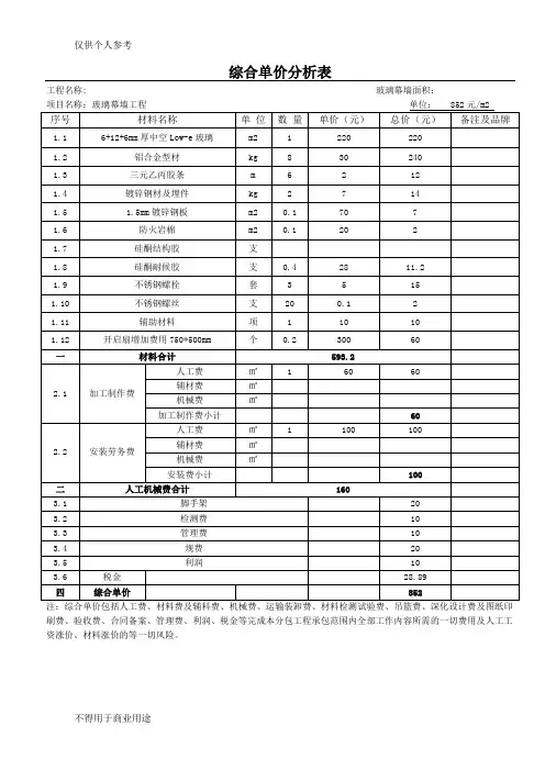 玻璃幕墙综合(每平米)报价单