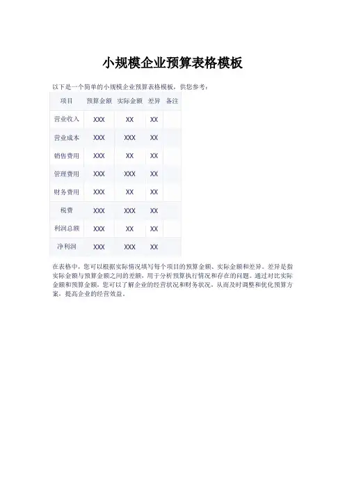 小规模企业预算套表