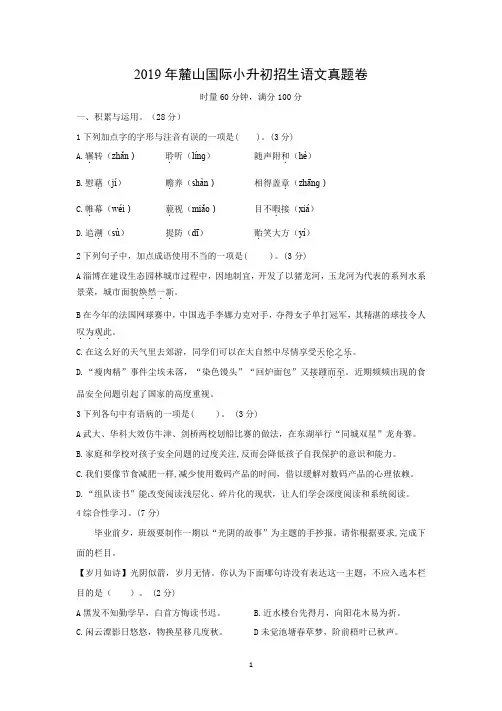 2019年长沙麓山国际小升初真题卷(语文试卷)