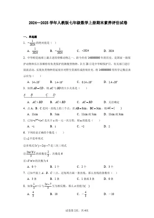 2024--2025学年人教版七年级数学上册期末素养评估试卷