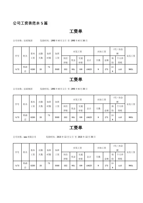 公司工资表范本5篇