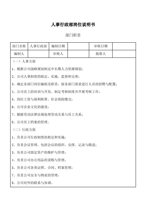 人事行政部职责及岗位说明书