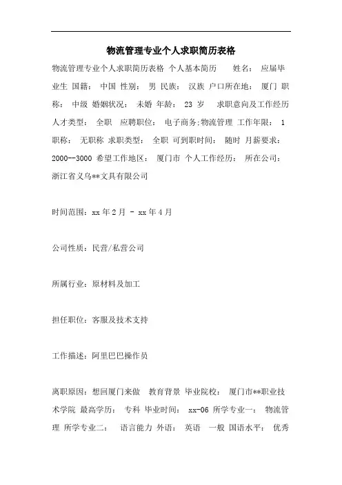 2021年物流管理专业个人求职简历表格