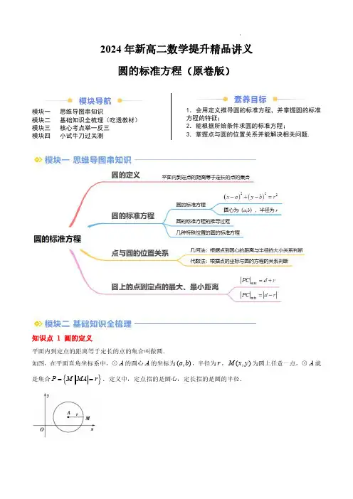 2024年新高二数学提升精品讲义圆的标准方程(思维导图+4知识点+4考点+过关检测)(原卷版)