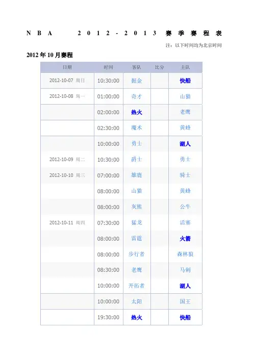 NBA赛季赛程表北京时间
