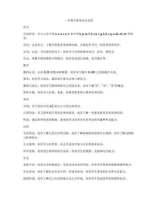 一年级全部知识点总结
