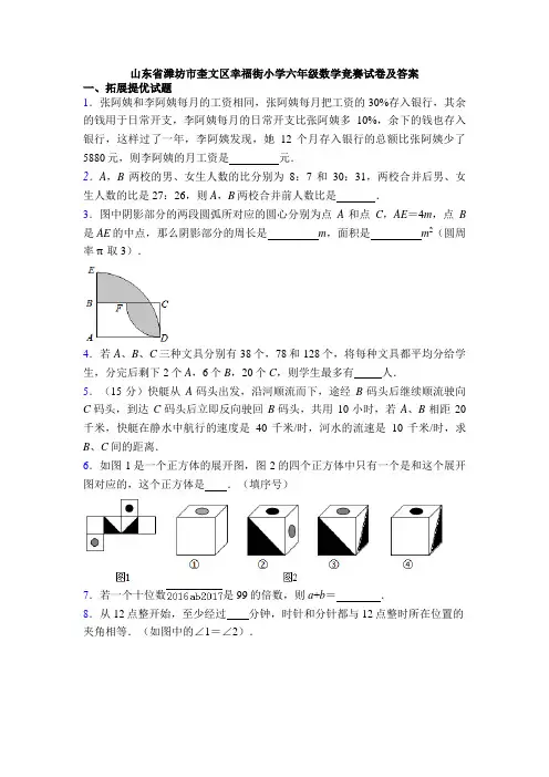 山东省潍坊市奎文区幸福街小学六年级数学竞赛试卷及答案