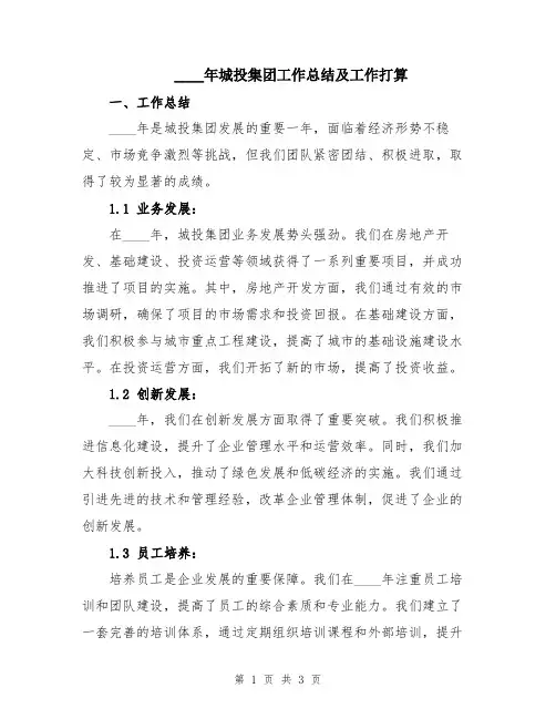 2024年城投集团工作总结及工作打算