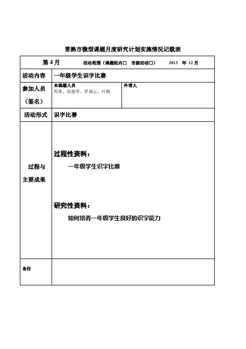 常熟市微型课题月度研究计划实施情况记载表