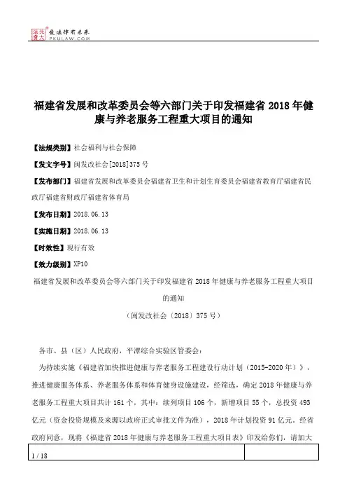 福建省发展和改革委员会等六部门关于印发福建省2018年健康与养老