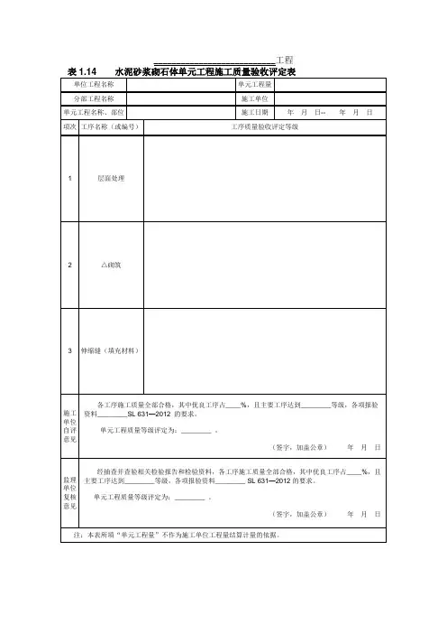 水泥砂浆砌石体单元工程施工质量验收评定表