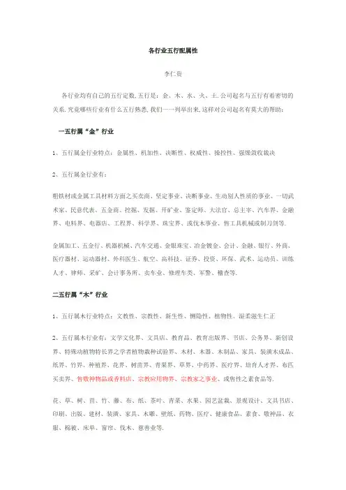 各行业五行配属性