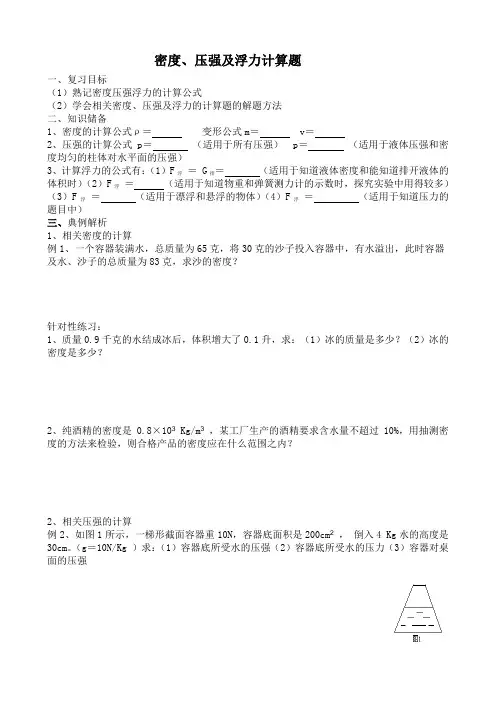 中考物理密度、压强及浮力计算题含答案