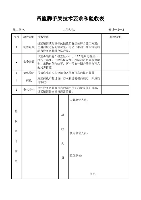 吊篮脚手架技术要求和验收表