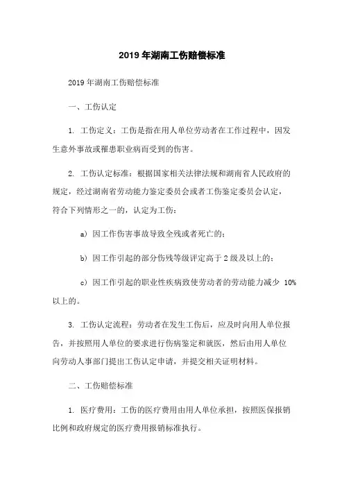 2019年湖南工伤赔偿标准