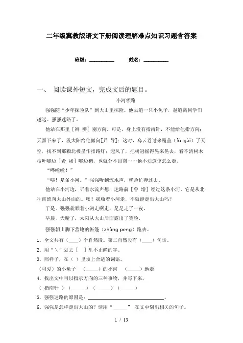 二年级冀教版语文下册阅读理解难点知识习题含答案