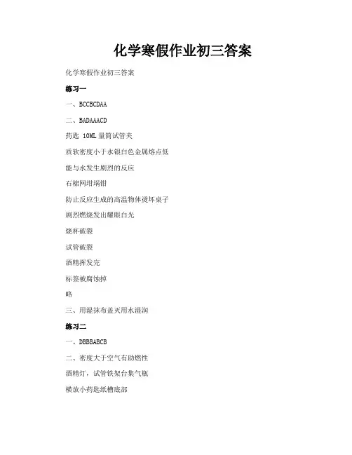 化学寒假作业初三答案