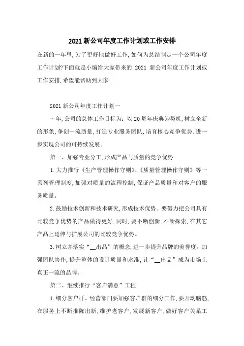 2021新公司年度工作计划或工作安排-最新范文