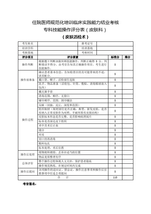 住院医师规范化培训临床实践能力结业考核专科技能操作评分表(皮肤科)皮肤活检术