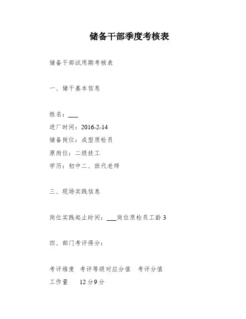 储备干部季度考核表