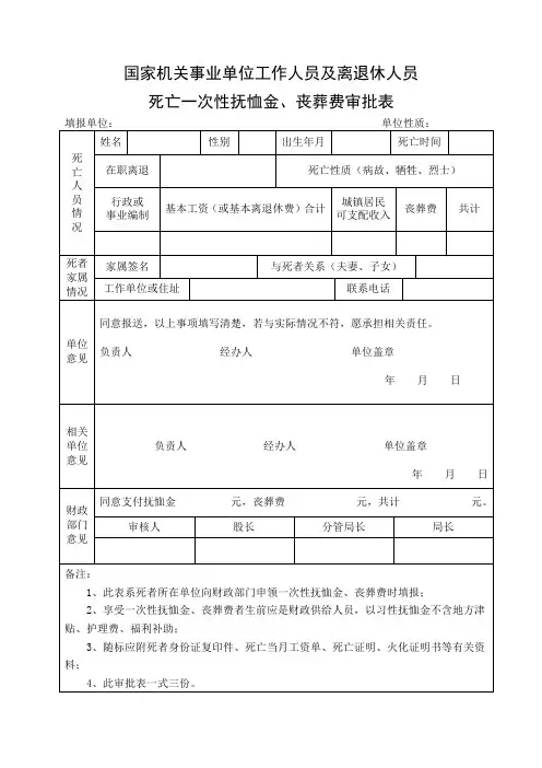 国家机关事业单位工作人员及离退休人员死亡一次性抚恤金、丧葬费审批表