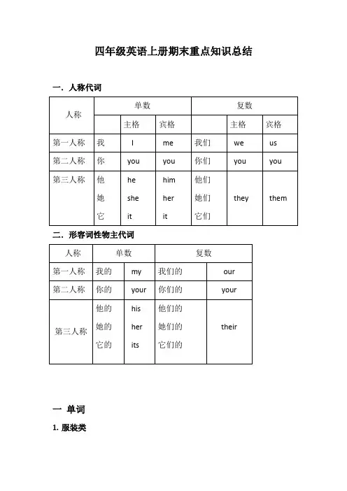 冀教版英语四年级上册期末重点知识总结
