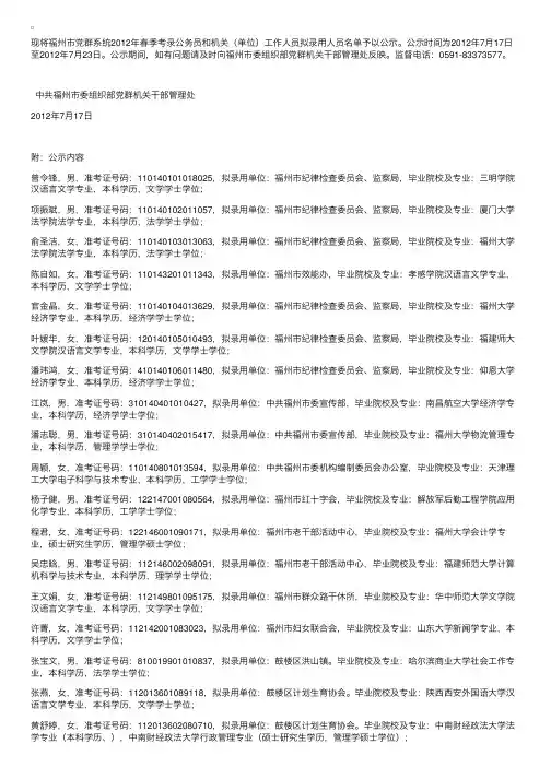 2012春福建福州党群系统考录公务员和机关（单位）工作人员拟录用人员名单公示