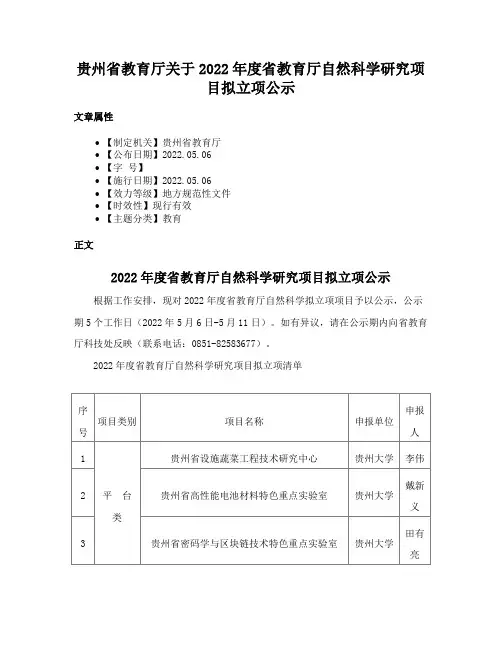贵州省教育厅关于2022年度省教育厅自然科学研究项目拟立项公示