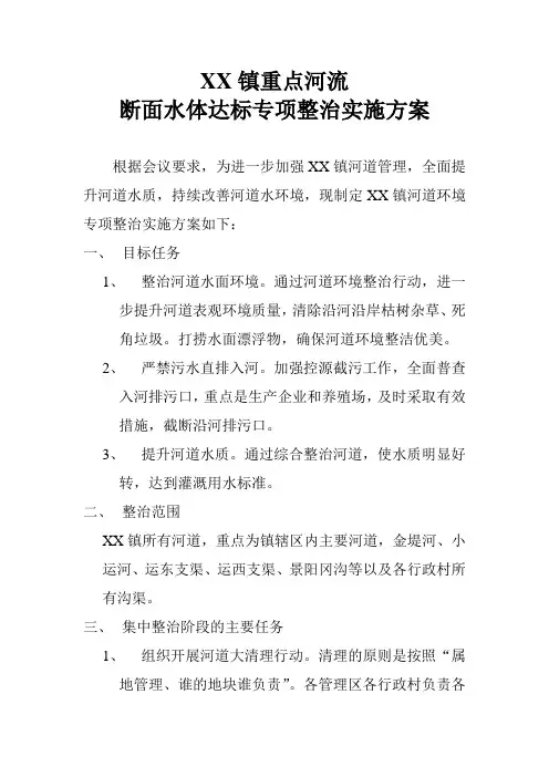 XX镇重点河流断面水体达标专项整治实施方案