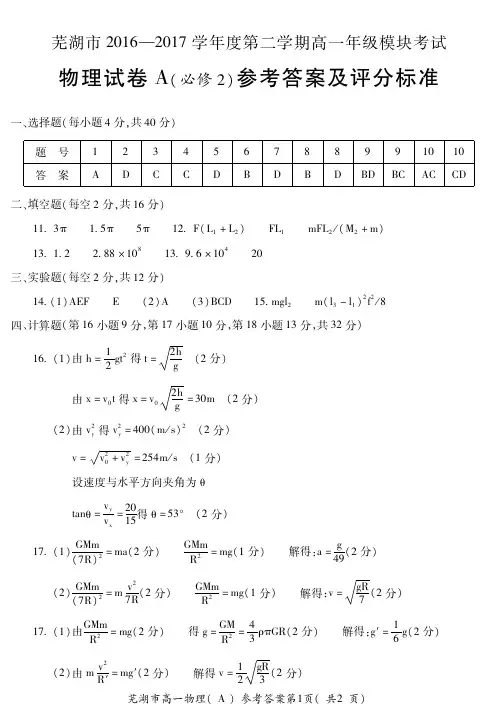 安徽省芜湖市2016-2017学年高一下学期期末考试物理答案_1