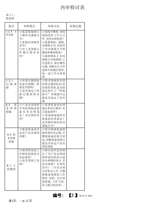各部门内审检查表