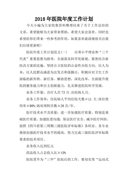 2018年医院年度工作计划