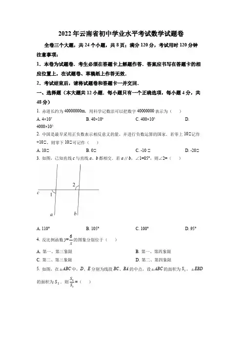 2022年云南省中考数学真题及答案