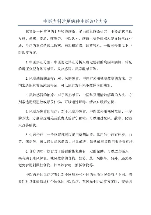 中医内科常见病种中医诊疗方案