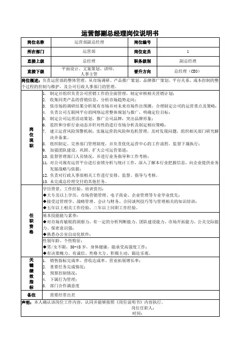 运营部副总经理岗位说明书