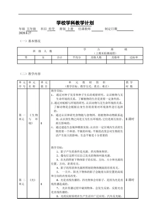 2020年五年级上册科学教学计划