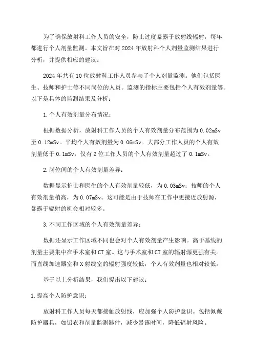 2024年放射科个人剂量监测结果分析
