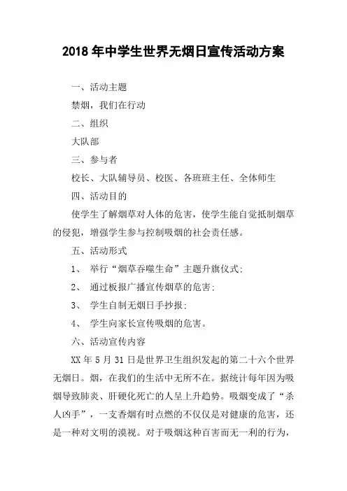 2018年中学生世界无烟日宣传活动方案