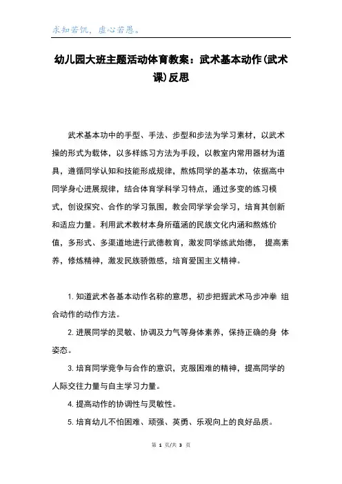 幼儿园大班主题活动体育教案：武术基本动作(武术课)反思