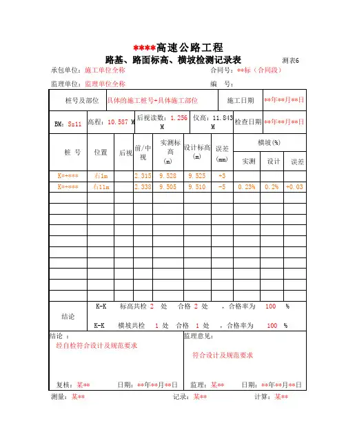 测表6-路基、路面标高、横坡检测记录表