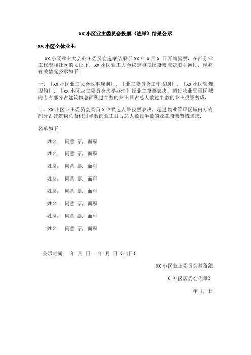 XX小区业主委员会投票(选举)结果公示