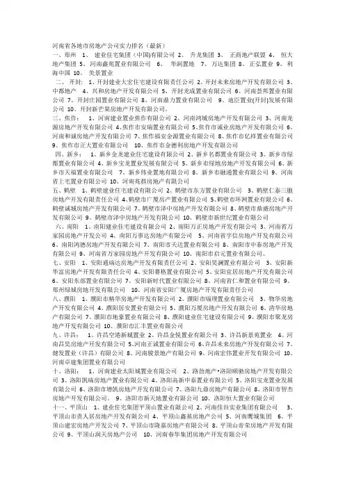 河南省各地市房地产公司实力排名【范本模板】