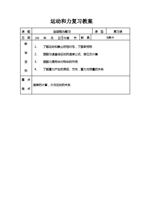 八年级物理下册运动和力复习教案