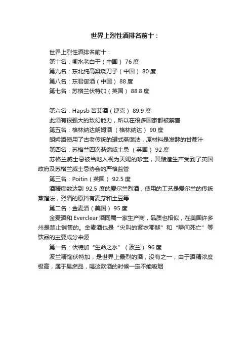 世界上烈性酒排名前十：