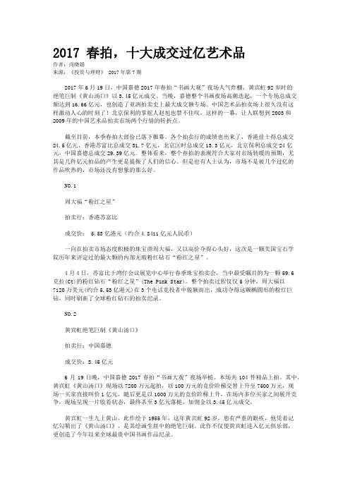 2017 春拍，十大成交过亿艺术品