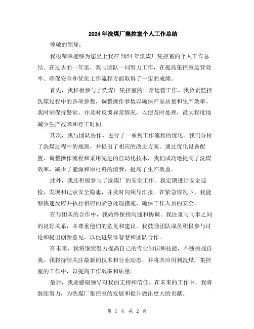 2024年洗煤厂集控室个人工作总结