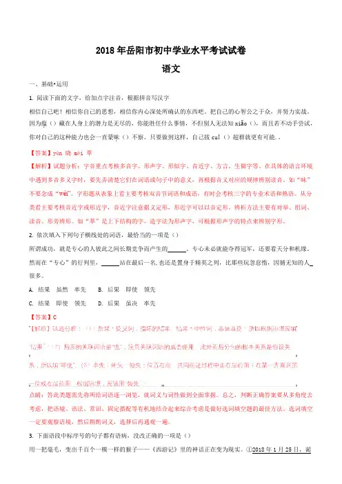 2018年湖南省岳阳市中考语文试题含答案解析